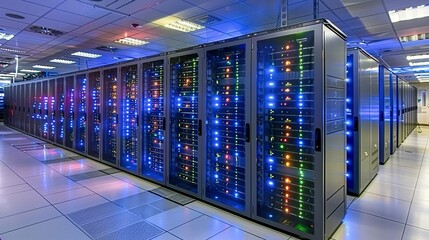 Futuristic neon lit data center  a high tech server room with glowing pink and purple lights