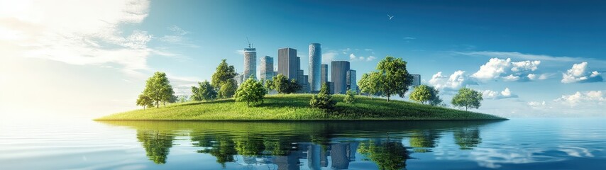 Fototapeta premium Serene urban landscape with modern buildings reflecting in calm water under a clear blue sky, perfect for nature and city themes.
