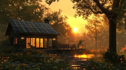 Fototapeta premium Serene sunset over a cozy house with solar panels, surrounded by lush nature and reflecting water, perfect for eco-friendly living.