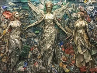 Stunning artwork featuring angelic figures amidst a backdrop of waste, highlighting environmental issues and the plight of nature.