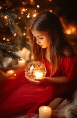 Naklejka premium Child Holding Glowing Ornament by Christmas Tree 