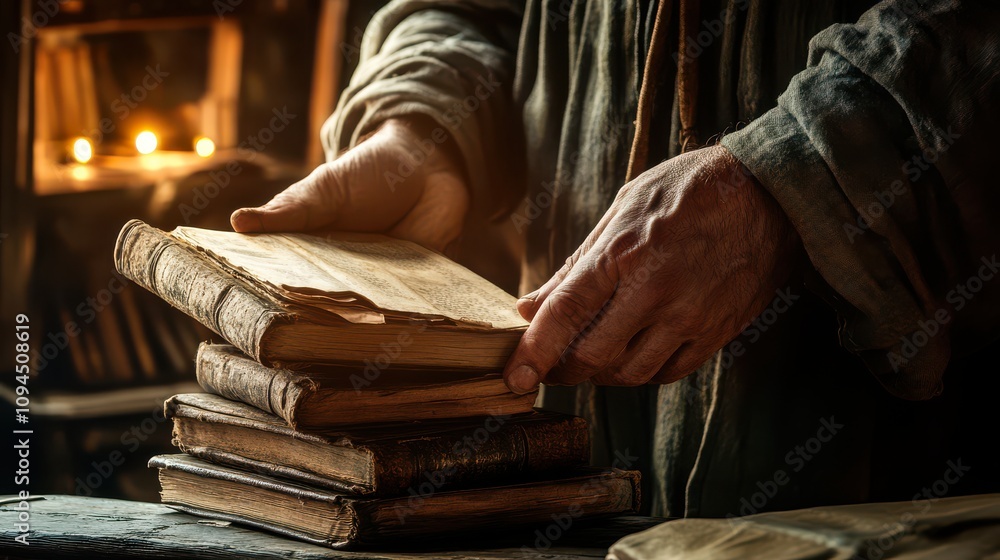 Poster hands of a person handling old books in a warmly lit library setting, evoking a sense of history and
