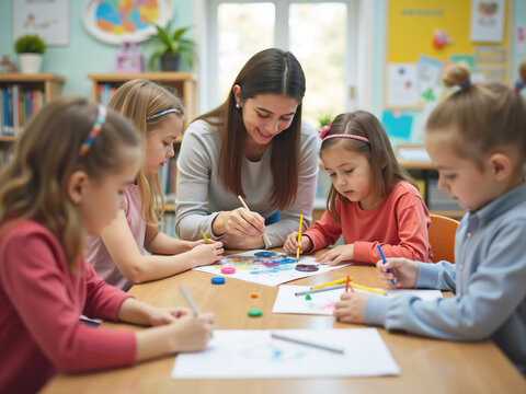 Teacher helping group of students drawing with colorful crayons in kindergarten