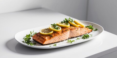 Grilled salmon fillet garnished with lemon slices and herbs on a white serving platter.