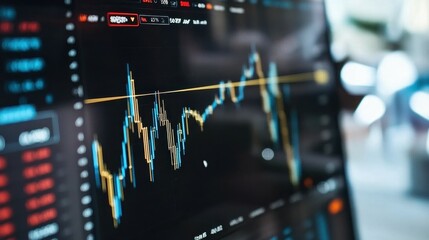 A digital trading platform displays stock market trends with fluctuating price lines and bar charts illustrating midday trading activity, capturing dynamic financial information
