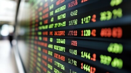 A vibrant screen showcases real-time stock prices and trading information inside a bustling financial center during the daytime. Traders monitor market changes closely