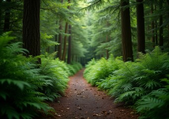 Fototapeta premium Lush forest trail surrounded by ferns and towering trees on a calm summer day