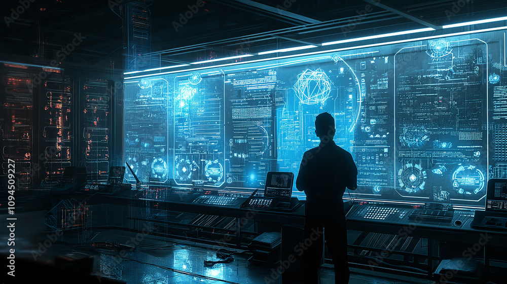 Poster a futuristic control room showcasing ai managing a secure data center, holograms of connected server