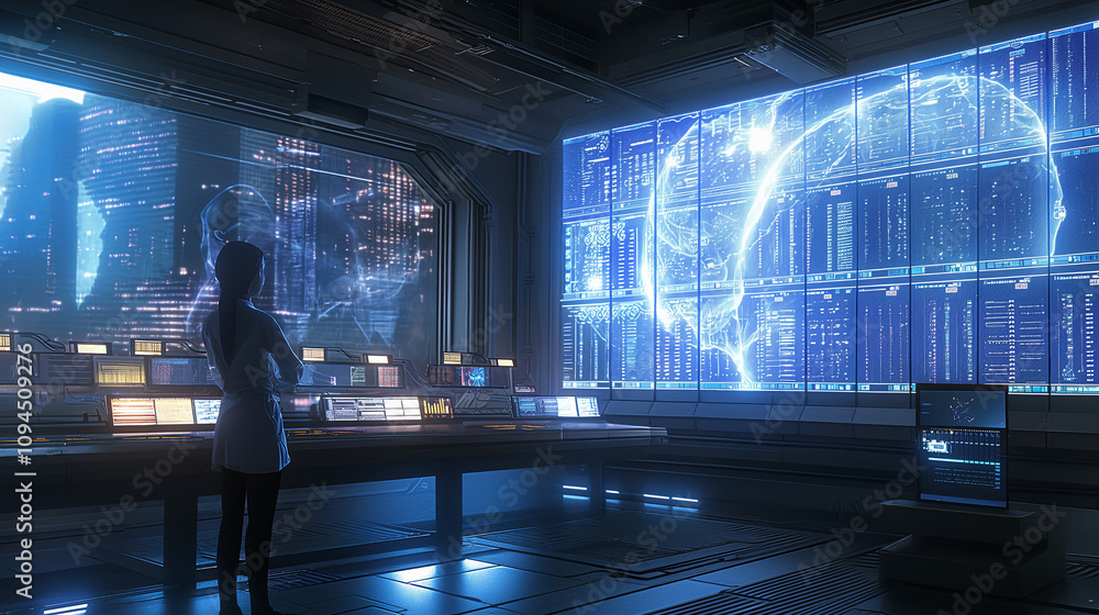 Poster a futuristic control room showcasing ai managing a secure data center, holograms of connected server