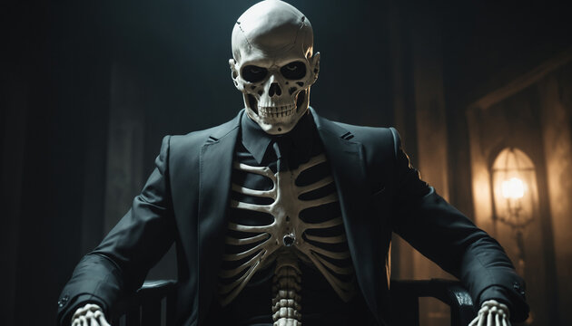 skeleton wearing a hitman suit posing in the camera, movie like vibes with cinematic lighting