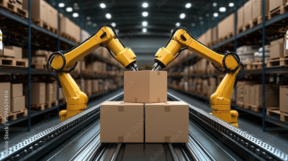 Poster yellow robotic arms are skillfully handling boxes at different heights on a conveyor belt in a busy 