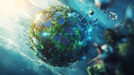 An artistic digital rendering of the Earth in 2025, with visible symbols of renewable energy sources like solar panels, wind turbines, and electric vehicles, glowing green and blue with bright, clean