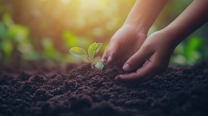 Fototapeta premium Hands of child planting tree on fertile soil background with sunlight.