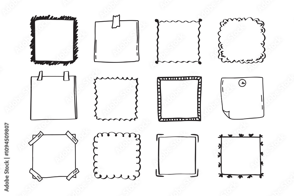 Poster handdrawn set of square scribbles frame. doodle line empty frames