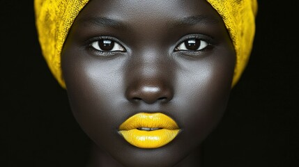 A woman poses confidently, showcasing vibrant yellow lips and a matching head wrap. The stark contrast against her deep skin highlights her features, creating an impactful visual