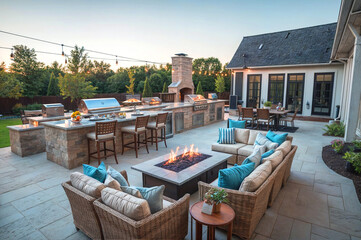 A back patio with a grill and outdoor kitchen