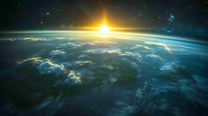 Fototapeta premium A breathtaking view of Earth from space, illuminated by the soft glow of the sun, with lush green continents and vibrant blue oceans, gentle rays of light creating a serene atmosphere, space-themed
