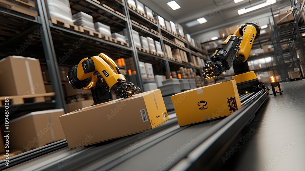 Poster yellow robotic arms are skillfully handling boxes at different heights on a conveyor belt in a busy 