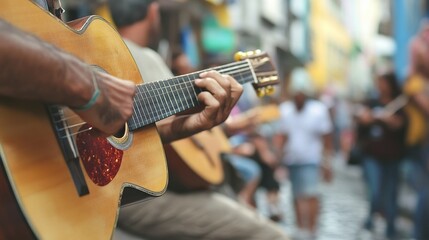 Traditional bossa nova echoes through the streets as musicians entertain a lively crowd