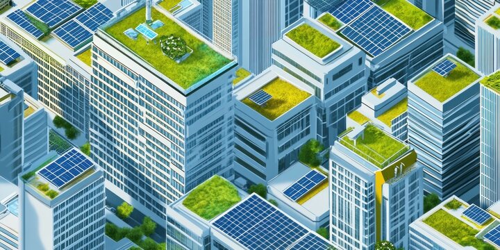 Aerial view of a modern city with green roofs and solar panels promoting sustainability.