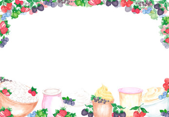 Hand drawn watercolor dairy products with berries frame border isolated on white background. Can be used for postcard, label, scrapbook and other printed products.
