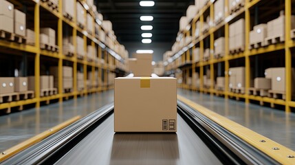 Yellow robotic arms are skillfully handling boxes at different heights on a conveyor belt in a busy warehouse environment.