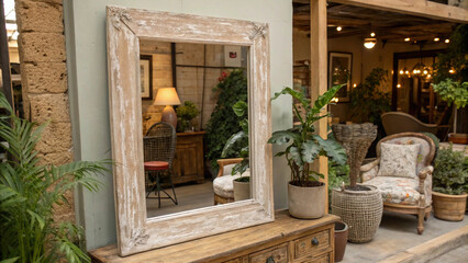 A mirror with a textured frame.A Rustic Mirror with a Distressed Wooden Frame Surrounded by Potted Plants and Vintage Furniture