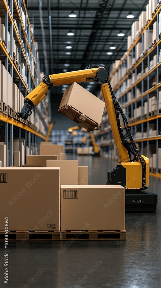 Poster yellow robotic arms are skillfully handling boxes at different heights on a conveyor belt in a busy 