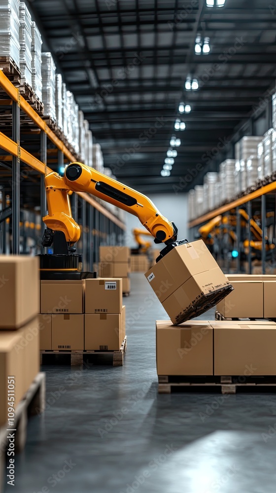 Poster yellow robotic arms are skillfully handling boxes at different heights on a conveyor belt in a busy 