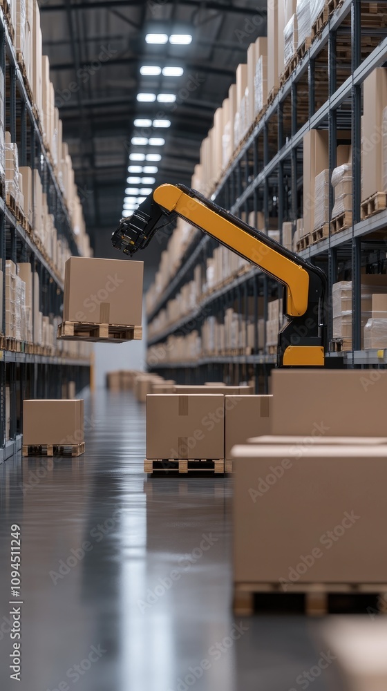Aufkleber yellow robotic arms are skillfully handling boxes at different heights on a conveyor belt in a busy 