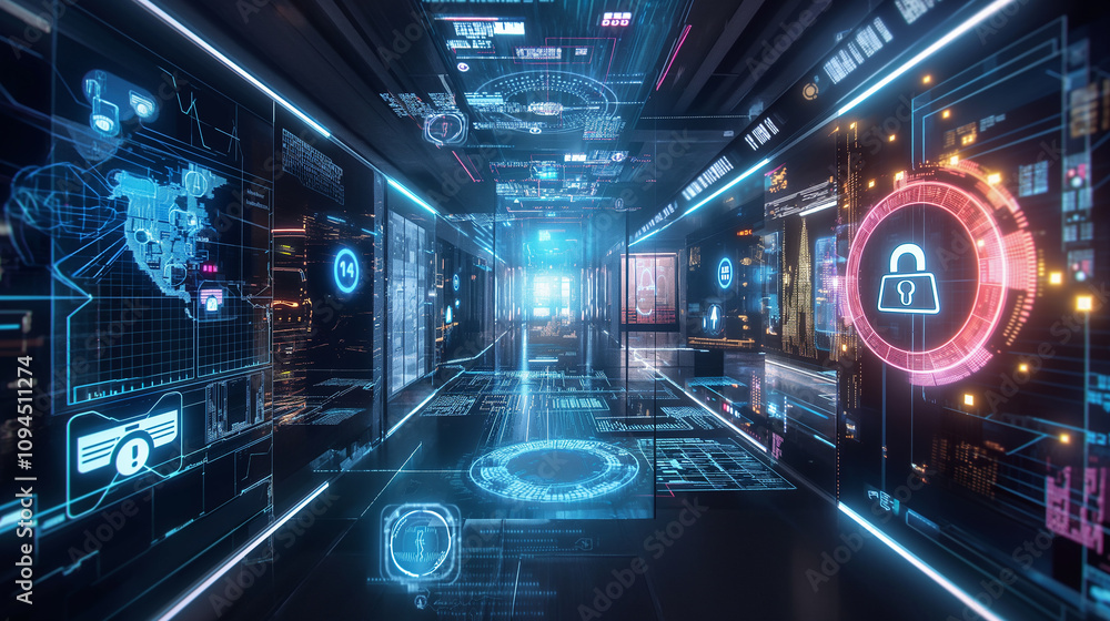 Poster a virtual interface displaying real-time cybersecurity metrics, with holographic firewalls and encry