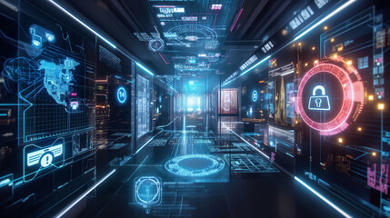 Fototapeta premium A virtual interface displaying real-time cybersecurity metrics, with holographic firewalls and encrypted pathways flowing around a central digital lock icon.