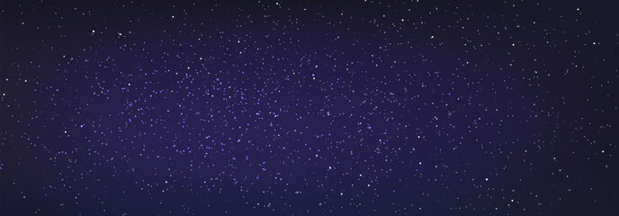 Stary night sky horizontal background. Night sky with stars. Bright particles falling with star. Glittering particles on dark blue background. Light with flares