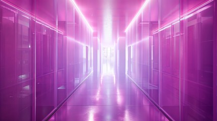 Futuristic neon data center  a high tech server room with glowing pink and purple reflections
