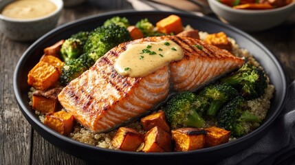 Grilled Salmon with Quinoa, Roasted Sweet Potatoes, and Broccoli