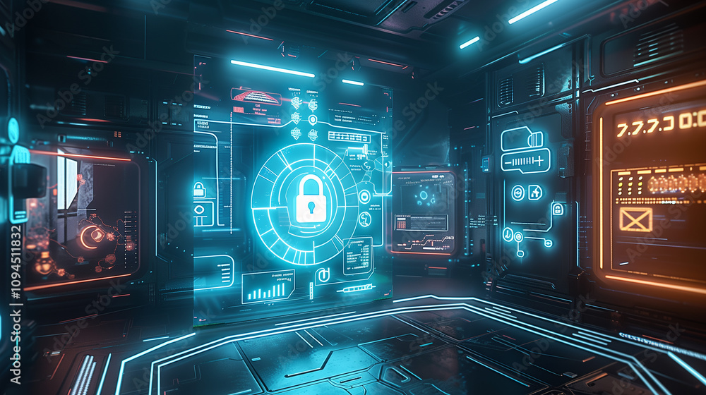 Poster a virtual interface displaying real-time cybersecurity metrics, with holographic firewalls and encry