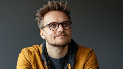 Fototapeta premium A young man wearing glasses and a casual golden jacket sits with a slight smile, lost in thought. The setting features a simple dark background, emphasizing his expression