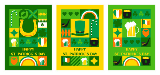 Set of Happy St. Patricks Day vertical greeting cards with modern abstract geometric pattern. Vector illustration