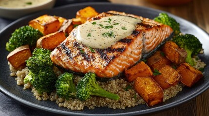 Grilled Salmon with Roasted Sweet Potatoes, Quinoa, and Broccoli