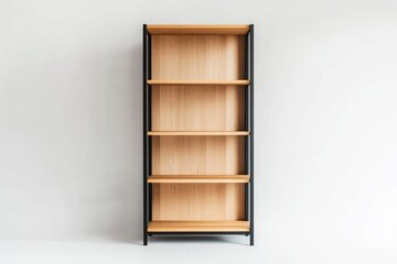 A simple, minimalist, modern tall bookcase with a black metal frame and light wood shelves on the front