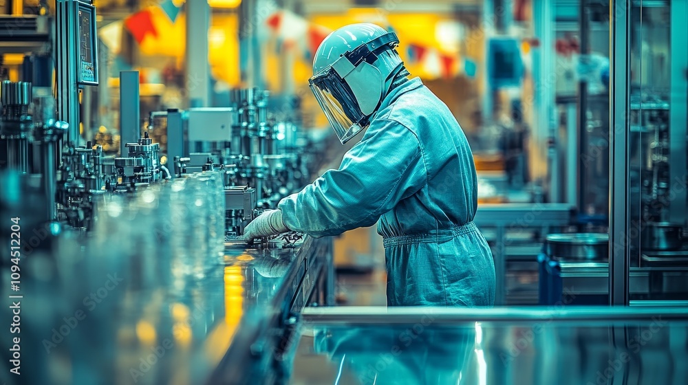 Aufkleber a worker in a protective suit operates machinery in a factory setting