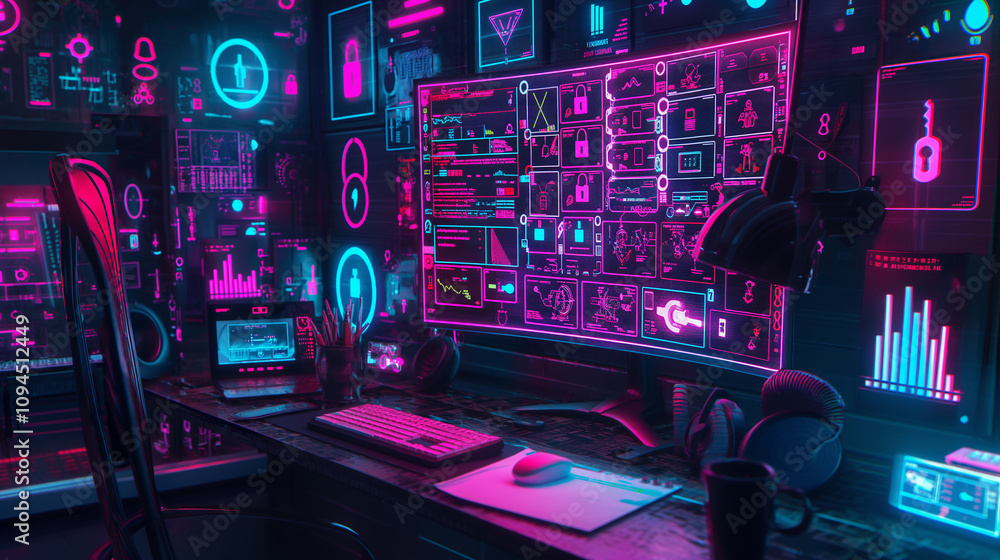 Poster ai hologram hovering above a workspace, displaying interconnected icons of locks, keys, and data str