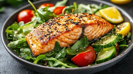 Juicy grilled salmon rests on a bed of arugula and cherry tomatoes, garnished with cucumber slices and a bright lemon wedge, perfect for a healthy meal