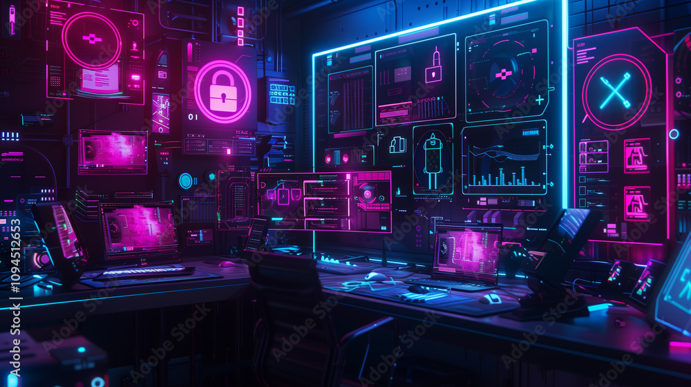 Poster ai hologram hovering above a workspace, displaying interconnected icons of locks, keys, and data str
