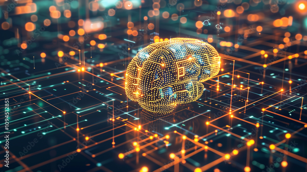 Poster an augmented reality hologram of a human brain interwoven with digital code and glowing neural netwo