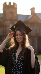 Graduate smiling confidently in cap and gown with a historic building in the background, symbolizing accomplishment and new beginnings.