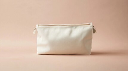 Blank makeup bag mockup with a beige background, perfect for cosmetic branding and design presentations