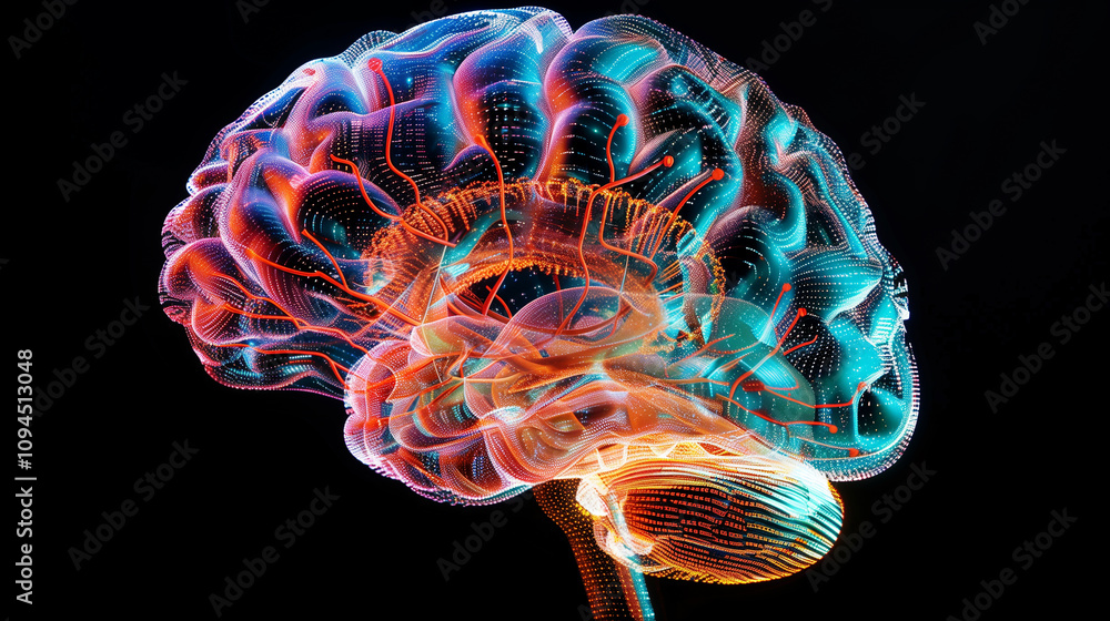 Poster an augmented reality hologram of a human brain interwoven with digital code and glowing neural netwo