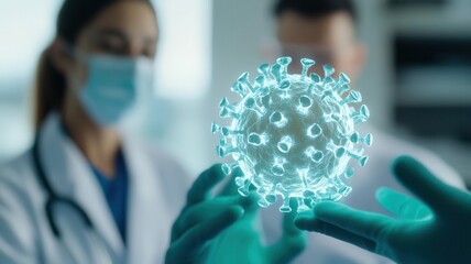 Scientist presenting a glowing 3D model of influenza virus to a team of researchers advanced medical brainstorming