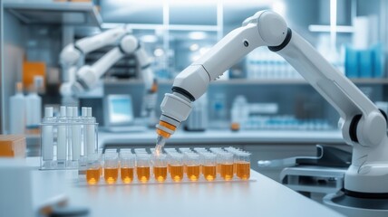 Robotic arms conducting precise experiments on influenza treatments in a glowing modern lab